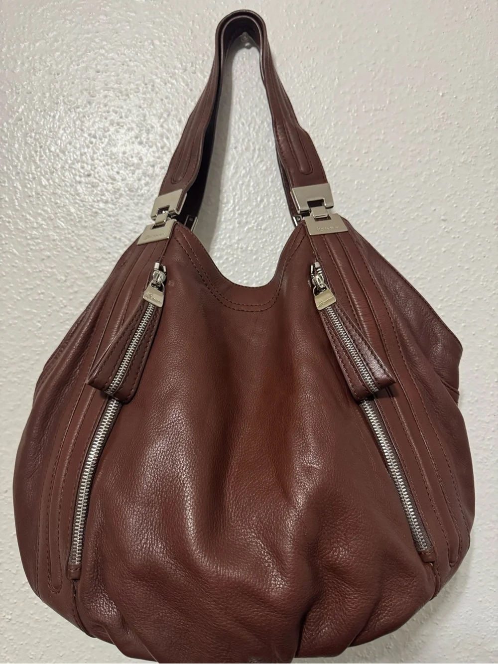 b. makowsky Chocolate Brown Pebbled Leather Hobo